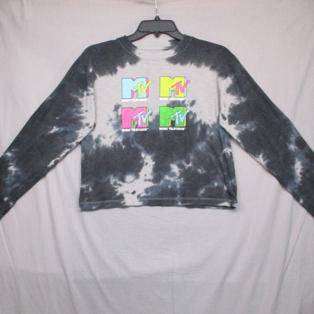 MTV Long Sleeve Crop Top Black & Gray Tie Dye Women Size | XS‎